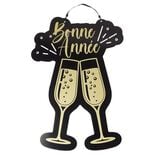 Suspension Bonne Ann&eacute;e motif verre en bois noir et dor&eacute;