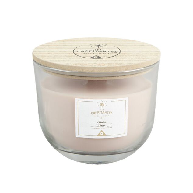 Bougie crépitante dans verre couvercle et mèche bois senteur ambre 50H