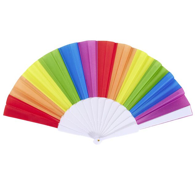 Éventail arc-en-ciel tissu multicolore et plastique 23x27cm