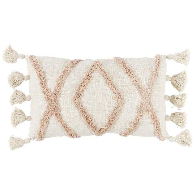 Coussin déco pompon ethnique 30x50cm beige