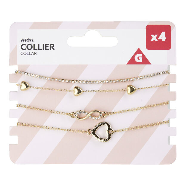 Collier x4 fantaisie coeur métal doré Ø16cm