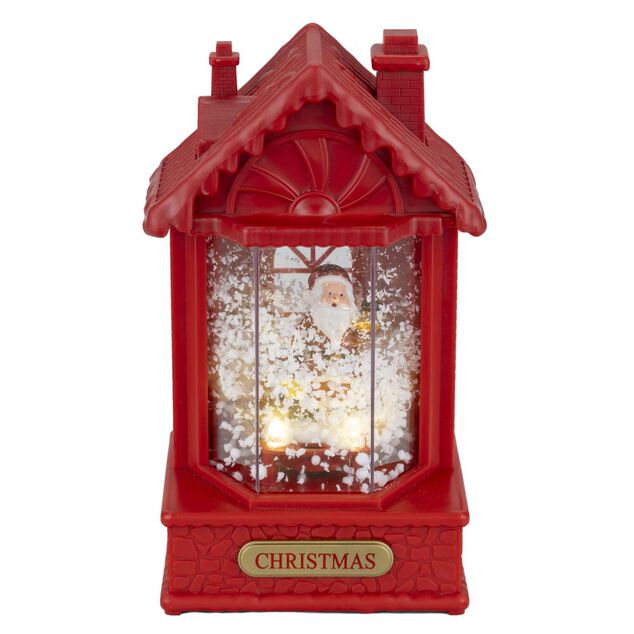 Boule &agrave; neige lumineuse sc&egrave;ne maison de No&euml;l rouge avec P&egrave;re No&euml;l 10x5x9xH19cm