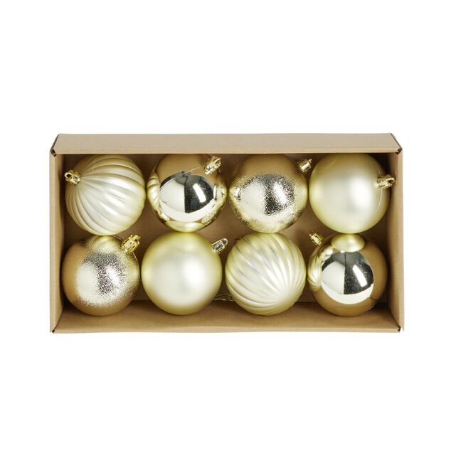 Boule de No&euml;l plastique dor&eacute; x8 forme assortie &Oslash;9cm