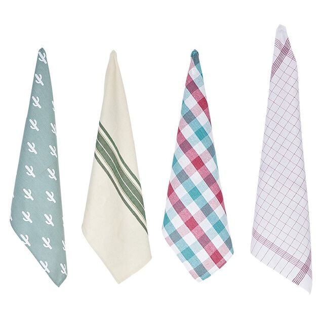 Torchon en coton imprim&eacute; et uni x4