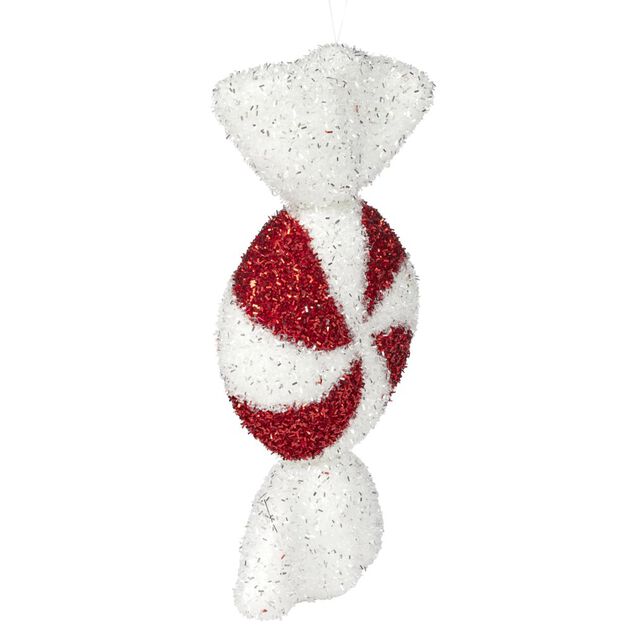Bonbon de No&euml;l g&eacute;ant brillant rouge et blanc &agrave; suspendre L25cm (2 mod&egrave;les)
