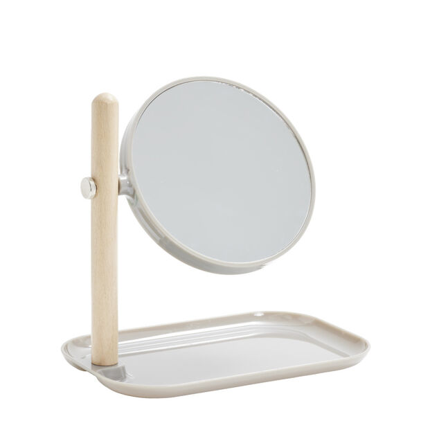 Miroir &agrave; poser rond double face avec plateau de rangement 22x14xH23cm