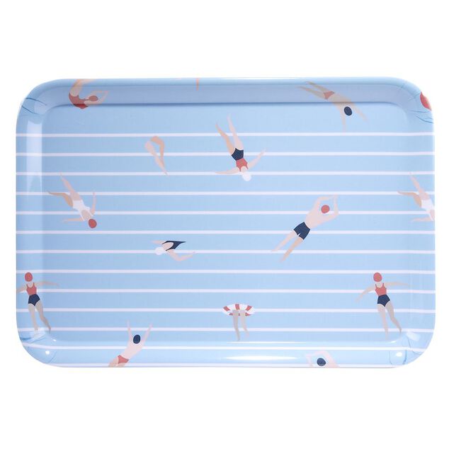 Plateau rectangulaire ray&eacute; bleu blanc motif nageur - plastique 45x31cm