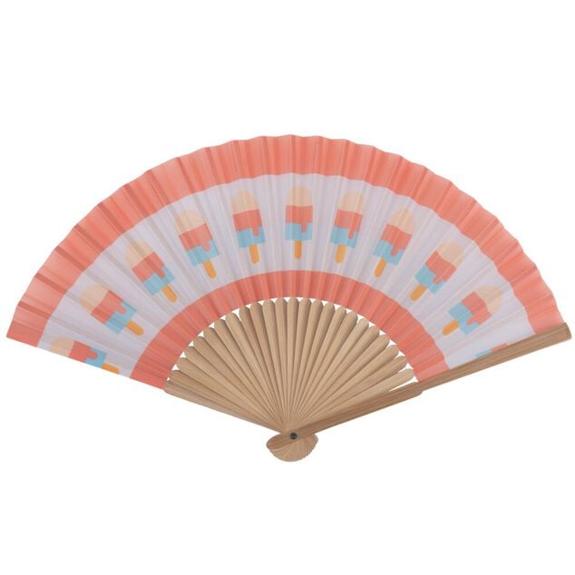 &Eacute;ventail bambou et polyester motif glaces rose et blanc L37xH21cm