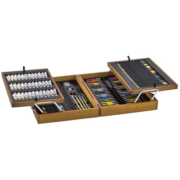 Coffret artiste en bois dessin et peinture 174 pi&egrave;ces