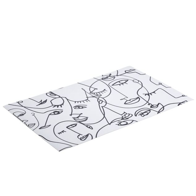 Tapis vinyle rectangulaire visages line art esprit Picasso blanc noir 38x60cm