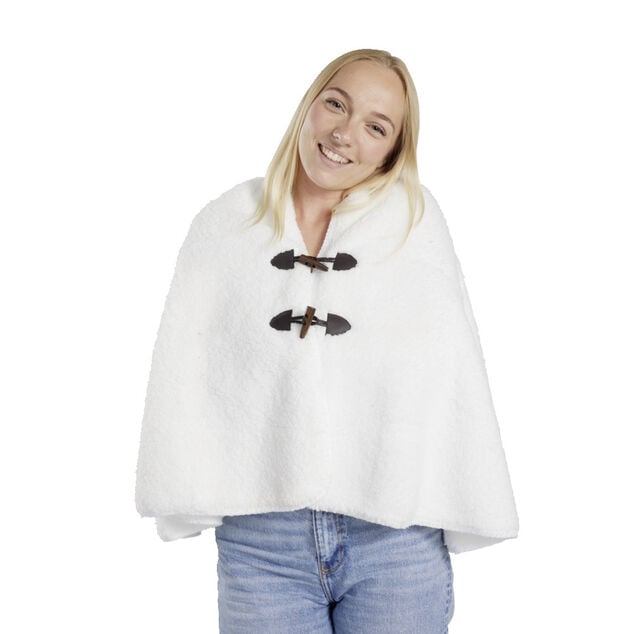 Veste plaid ch&acirc;le moutonn&eacute; blanc 75x150cm avec boutons &agrave; brandebourg