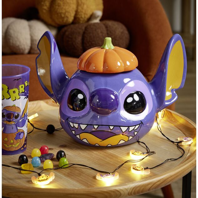 Bonbonni&egrave;re Halloween Disney Stitch dolomite bleue et orange &Oslash;20xH21cm