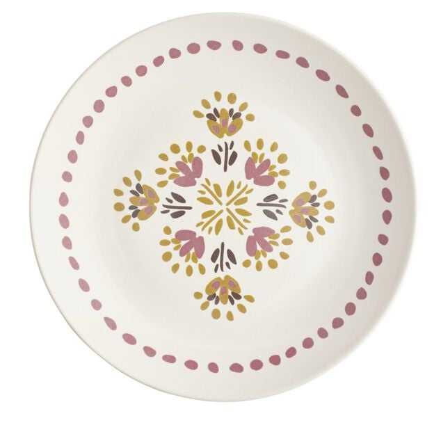 Assiette plate x4 ronde fa&iuml;ence beige motif floral vintage rose et orange &Oslash;26cm
