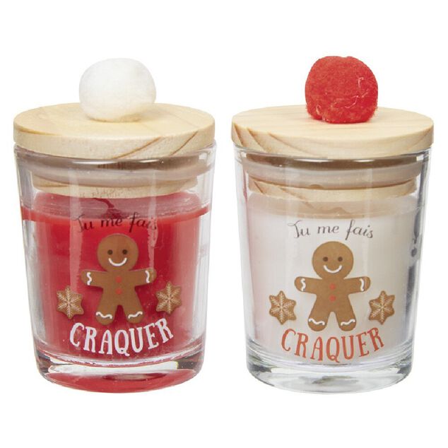 Bougie dans verre avec couvercle en bois à pompon