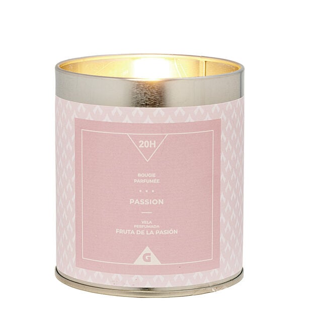 Bougie parfum&eacute;e dans pot en m&eacute;tal senteur passion