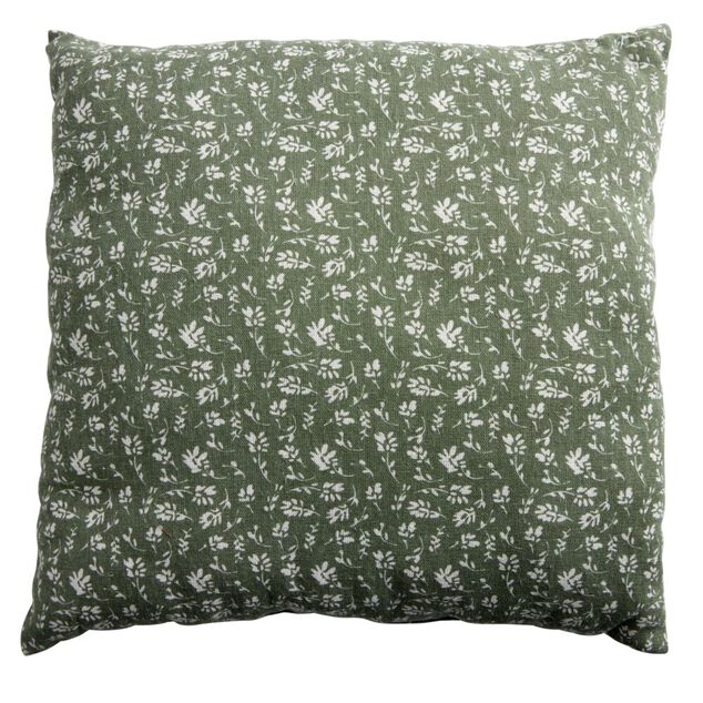 Coussin carr&eacute; d&eacute;perlant vert sapin motif floral blanc 40x40cm