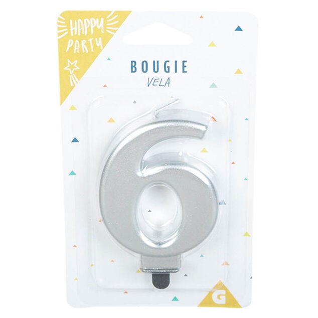 Bougie anniversaire chiffre 6 mat argent&eacute;