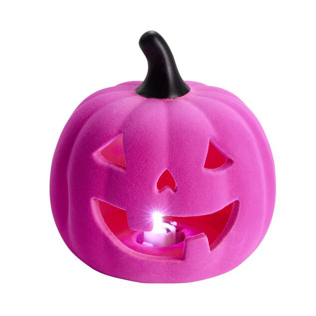D&eacute;coration velours Halloween citrouille rose &Oslash;14,5xH15cm