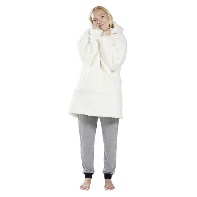 Pull plaid adulte polaire &agrave; capuche - beige ou blanc