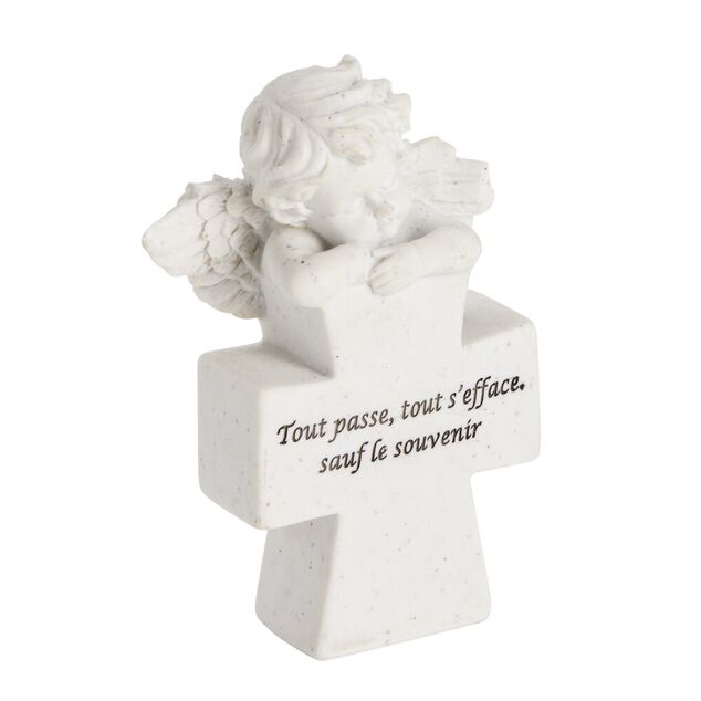 D&eacute;coration fun&eacute;raire ange pensif sur croix polyr&eacute;sine 12x5xH17cm