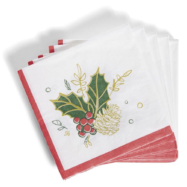 Serviette papier No&euml;l motif houx blanc et rouge x20