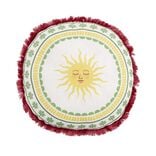 Coussin rond lin motif estival bord &agrave; franges &Oslash;40cm (2 mod&egrave;les soleil ou palmier)