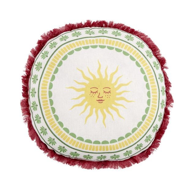 Coussin rond lin motif estival bord &agrave; franges &Oslash;40cm (2 mod&egrave;les soleil ou palmier)