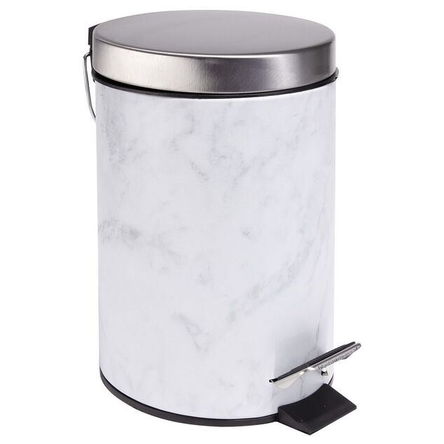 Poubelle salle de bain &agrave; p&eacute;dale m&eacute;tal effet marbre gris et blanc 3L