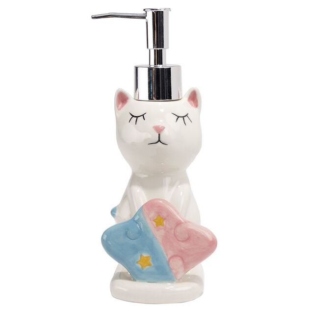 Distributeur &agrave; savon forme chat avec porte &eacute;ponge gr&egrave;s blanc rose bleu