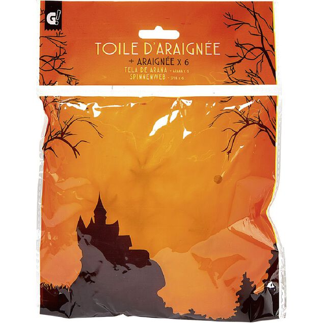 Toile d'araignée blanche avec 6 araignées Halloween