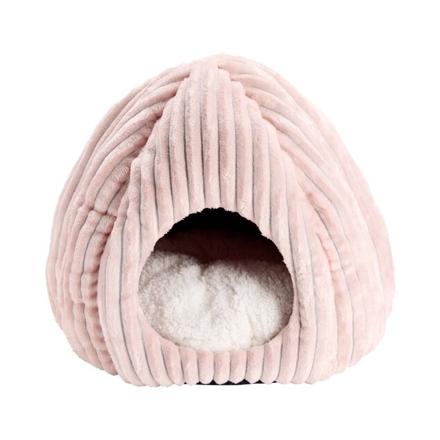 Couchage animal niche avec coussin tissu velours c&ocirc;tel&eacute; rose 40x40xH36cm