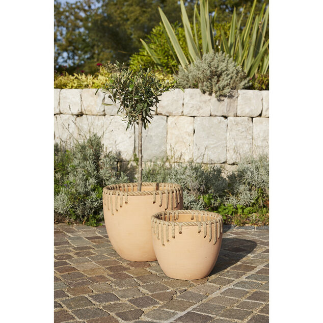 Pot rond terre cuite avec d&eacute;cor corde &Oslash;38xH32cm