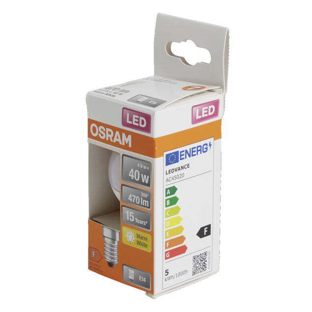 Ampoule LED E14 G45 blanc chaud Osram 4,9W=40W 470lms classe F