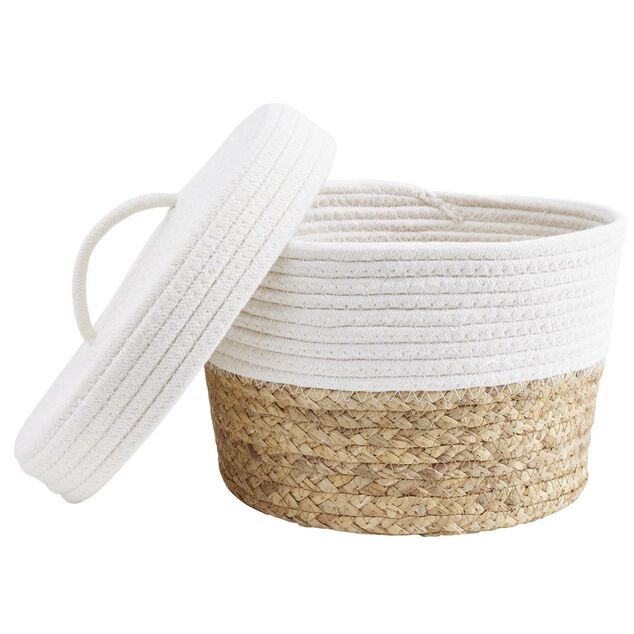 Pani&egrave;re avec couvercle coton jute blanc et naturel grand mod&egrave;le &Oslash;27xH18cm