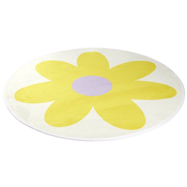 Tapis rond blanc motif fleur &Oslash;90cm (2 mod&egrave;les jaune ou rose)