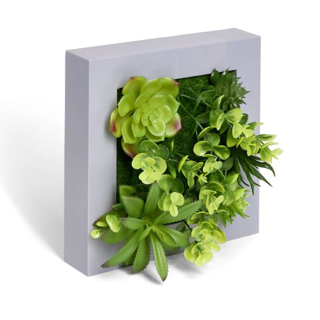 Plante artificielle d&eacute;coration murale cadre bois gris 20x20cm