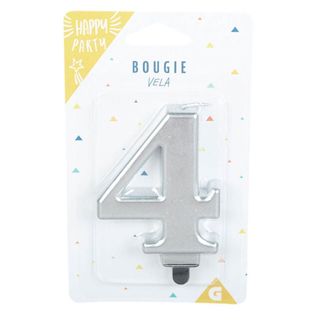 Bougie anniversaire chiffre 4 mat argent&eacute;