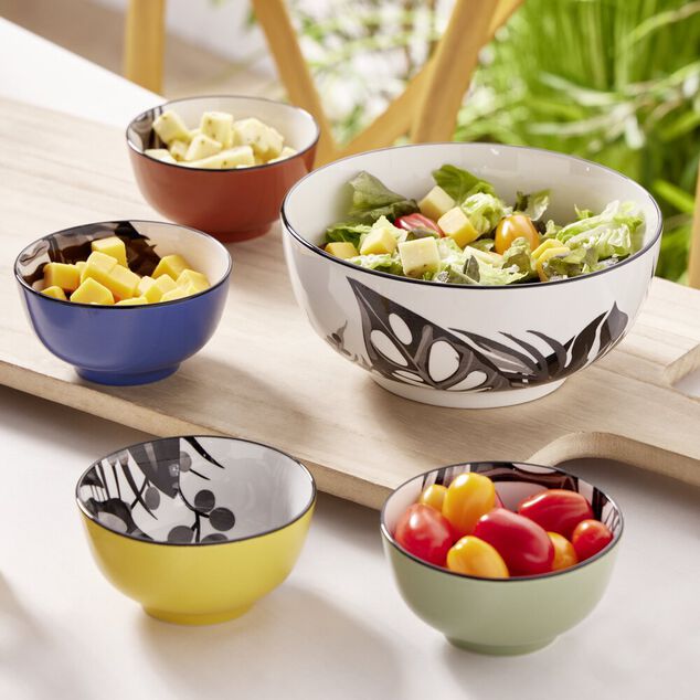 Saladier 1,6L et 4 coupelles 300ml porcelaine motif feuillage tropical noir blanc