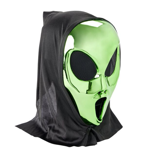 Masque Halloween alien avec cagoule vert m&eacute;tallis&eacute;