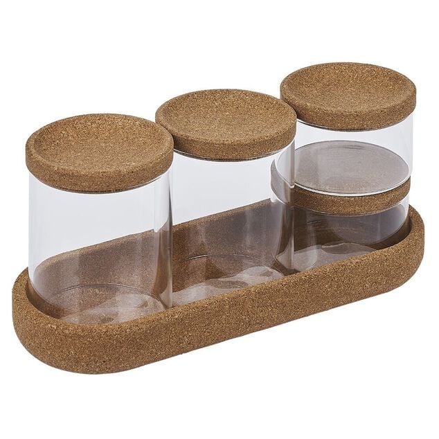 Ensemble bocal en verre x4 avec support en li&egrave;ge 26x10xH8cm