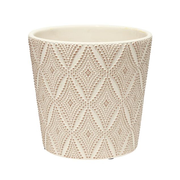 Pot terre cuite beige motifs losanges relief marron &Oslash;13,5xH13,5cm