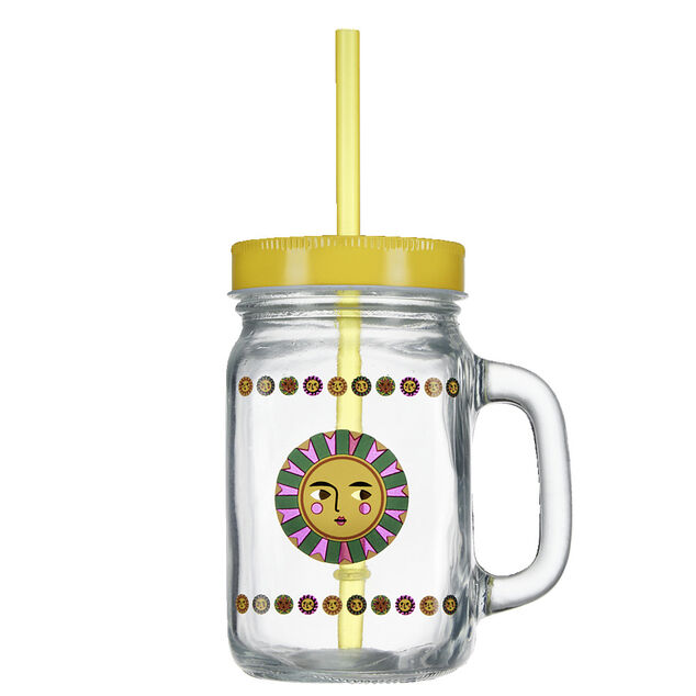 Gobelet en verre imprim&eacute; avec poign&eacute;e paille et couvercle 480ml