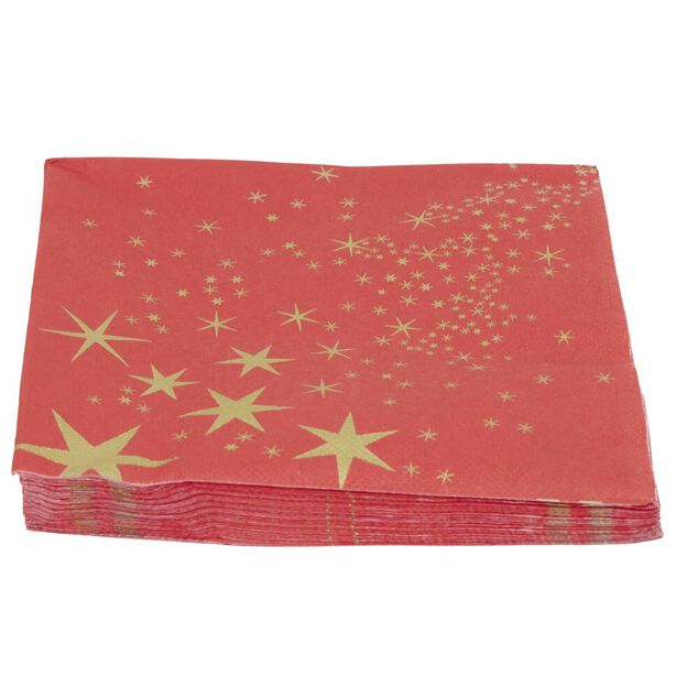 Serviette en papier 4 plis X20 pcs imprim&eacute; &eacute;toiles dor&eacute;es 33X33 cm rouge