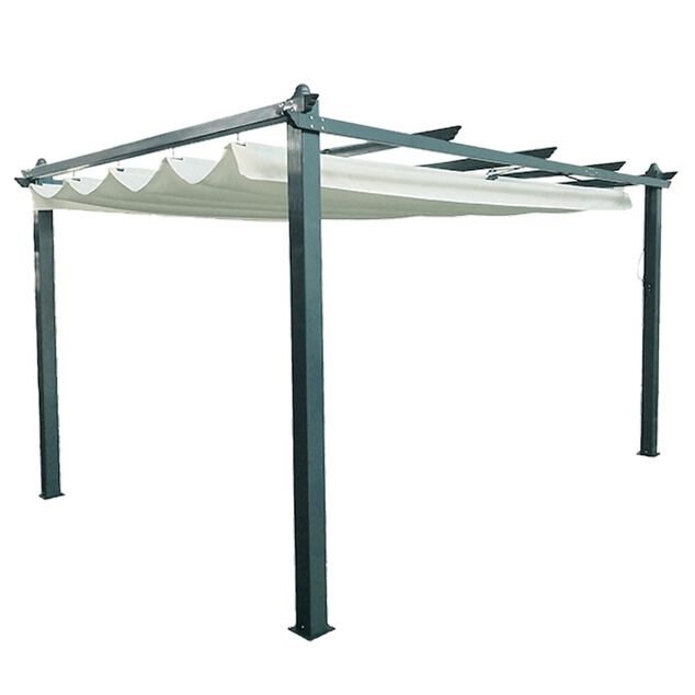 Tonnelle G&egrave;nes avec toit r&eacute;tractable 12 m&sup2; gris et blanc
