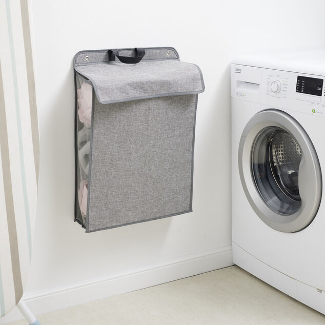 Panier &agrave; linge mural pliant tiss&eacute; gris 40,5x15xH57cm