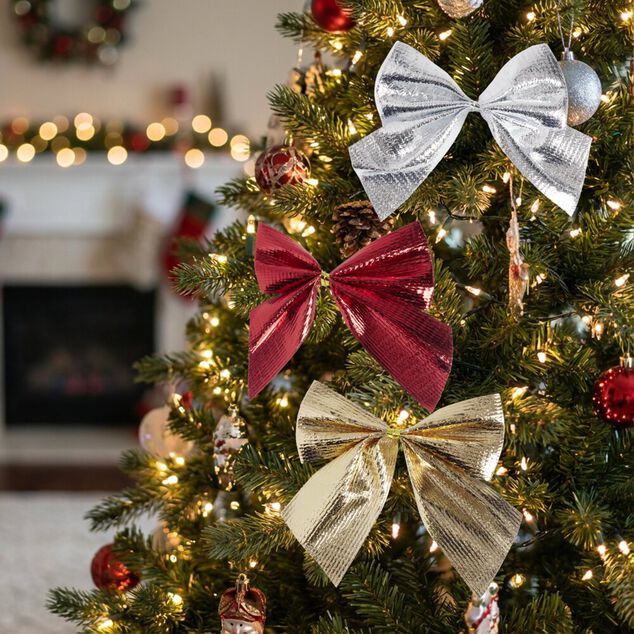 D&eacute;coration de No&euml;l mini noeuds brillant 12 pi&egrave;ces 5,5x6cm (3 mod&egrave;les)