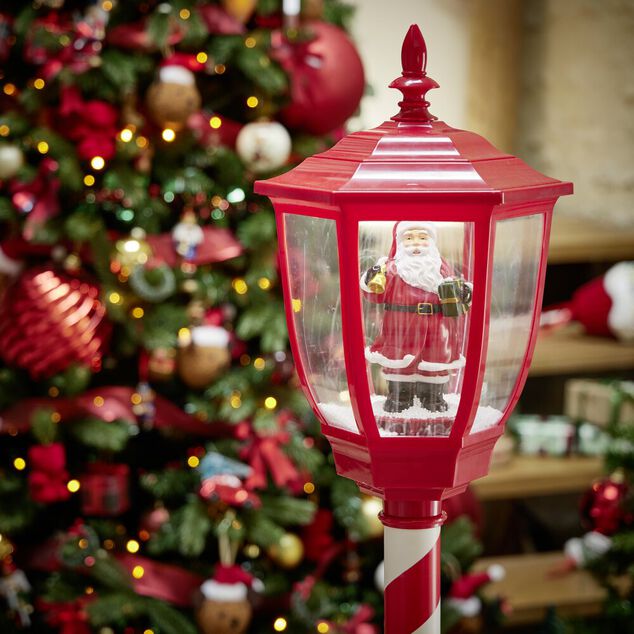 Lampadaire rétro avec Père Noël lumineux musical rouge et blanc H150cm