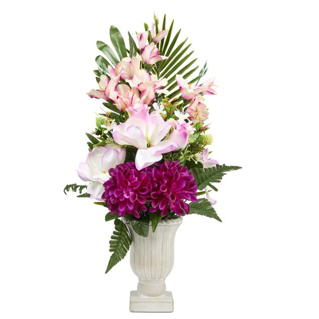 Vase fleur chrysanth&egrave;mes magnolia gla&iuml;euls roses et ciment &Oslash;36xH60cm (3 mod&egrave;les)