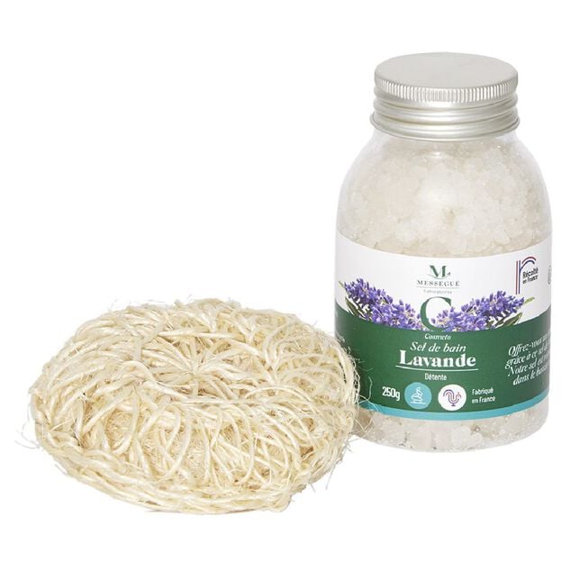 Coffret Mess&eacute;gu&eacute; sel de bain lavande et &eacute;ponge chanvre 100% naturel