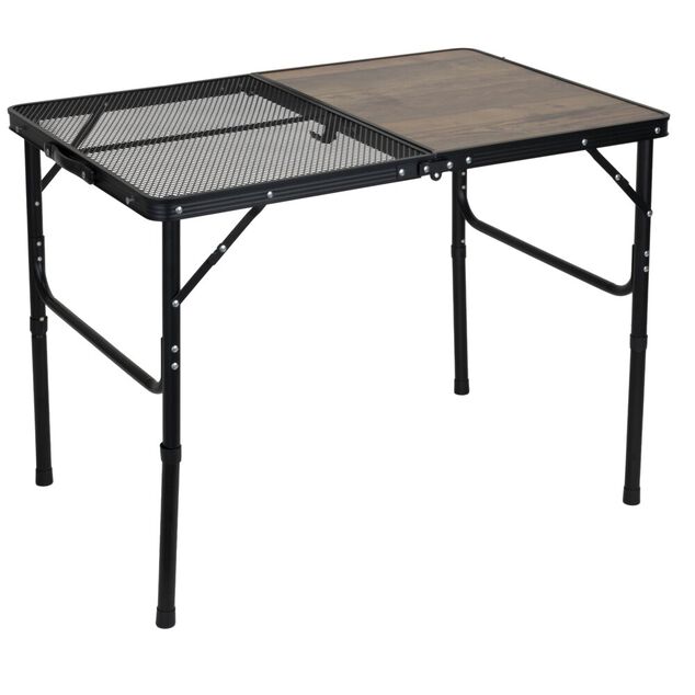 Table camping pliable d&eacute;cor bois et acier finition grille noir 90x60xH66cm